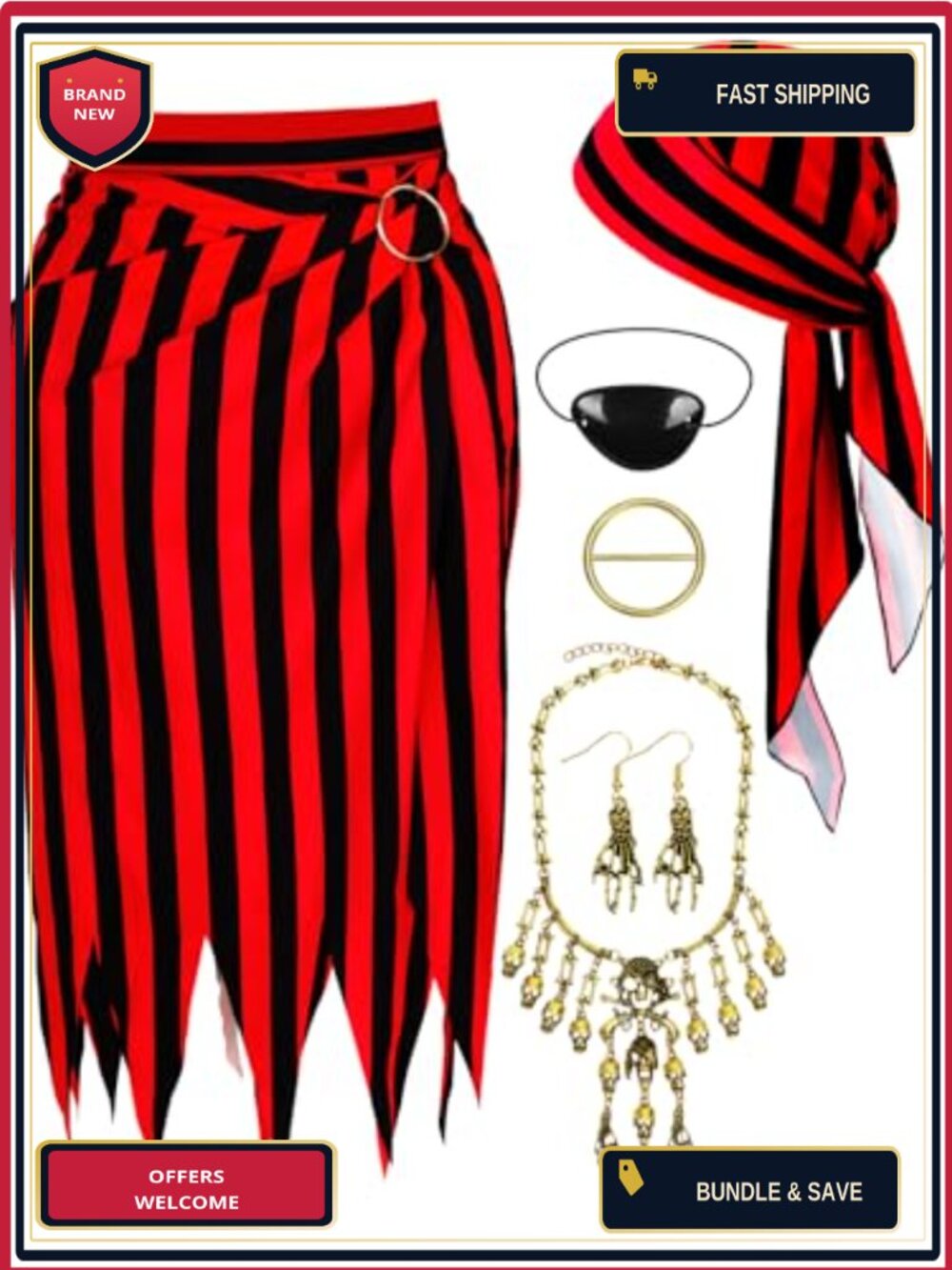 Women's Pirate Costume Set 6pc Polyester Bandana Skirt Accessories Halloween